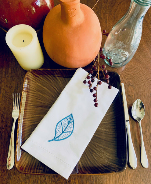 Autumn Leaves Cloth Napkins - Set of 4 napkins - White Tulip Embroidery