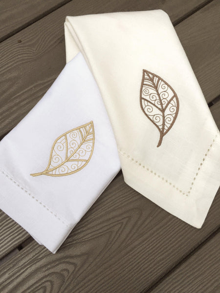 Autumn Leaves Cloth Napkins - Set of 4 napkins - White Tulip Embroidery