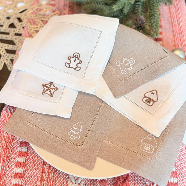 Gingerbread Cloth Cocktail Napkins, Set of 4 Unique Christmas Gingerbread Cookie Designs - White Tulip Embroidery