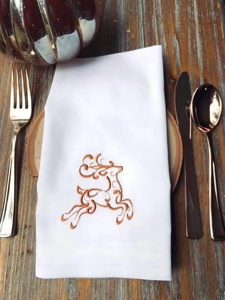 Reindeer Christmas Embroidered Cloth Napkins - Set of 4 napkins - White Tulip Embroidery