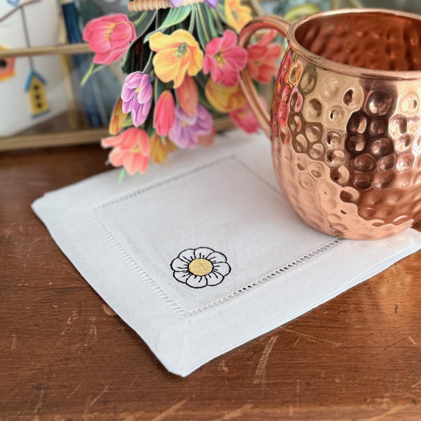 Daisy Cocktail Napkins, Set of 4 Unique Designs, Flower Cocktail Cloth Napkins, Daisies Floral Linen cocktail napkins - White Tulip Embroidery