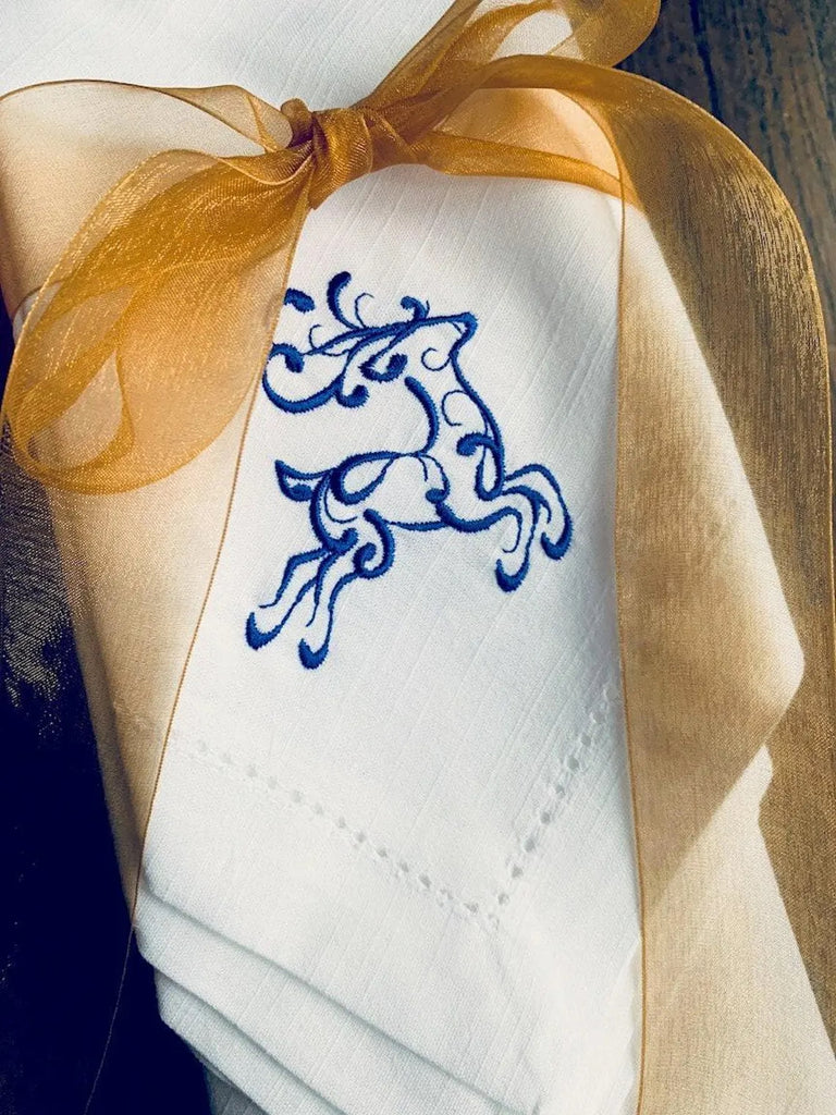 Reindeer Christmas Embroidered Cloth Napkins - Set of 4 napkins - White Tulip Embroidery