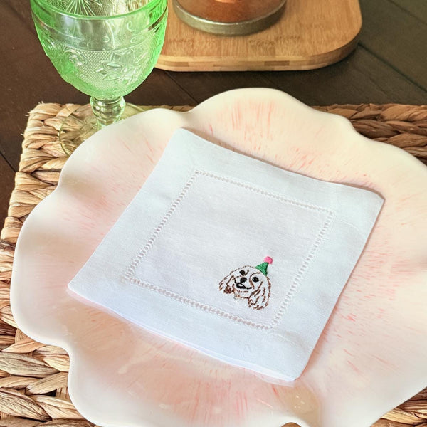 Custom YOUR Dog Embroidered Linen Cocktail Napkins, Set of 4, Dog Lover Gift, Personalized Dog gift, Your dog to embroidered napkins - White Tulip Embroidery