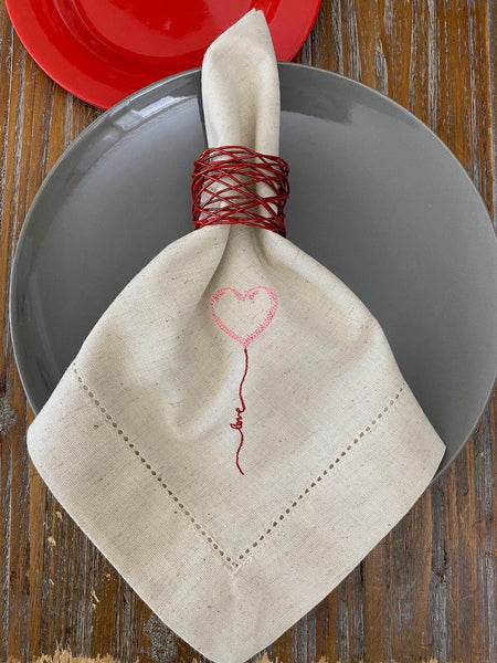 Balloon Love Heart Valentine's Day Cloth Napkins - White Tulip Embroidery