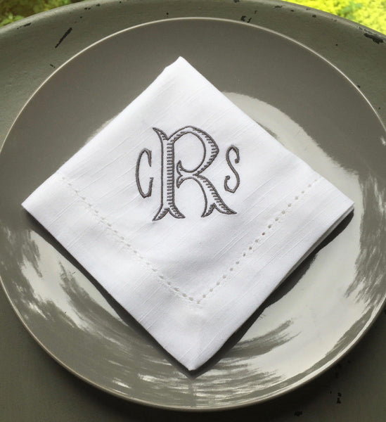 Baroque Three Monogram Monogrammed Cloth Dinner Napkins - Set of 4 napkins - White Tulip Embroidery