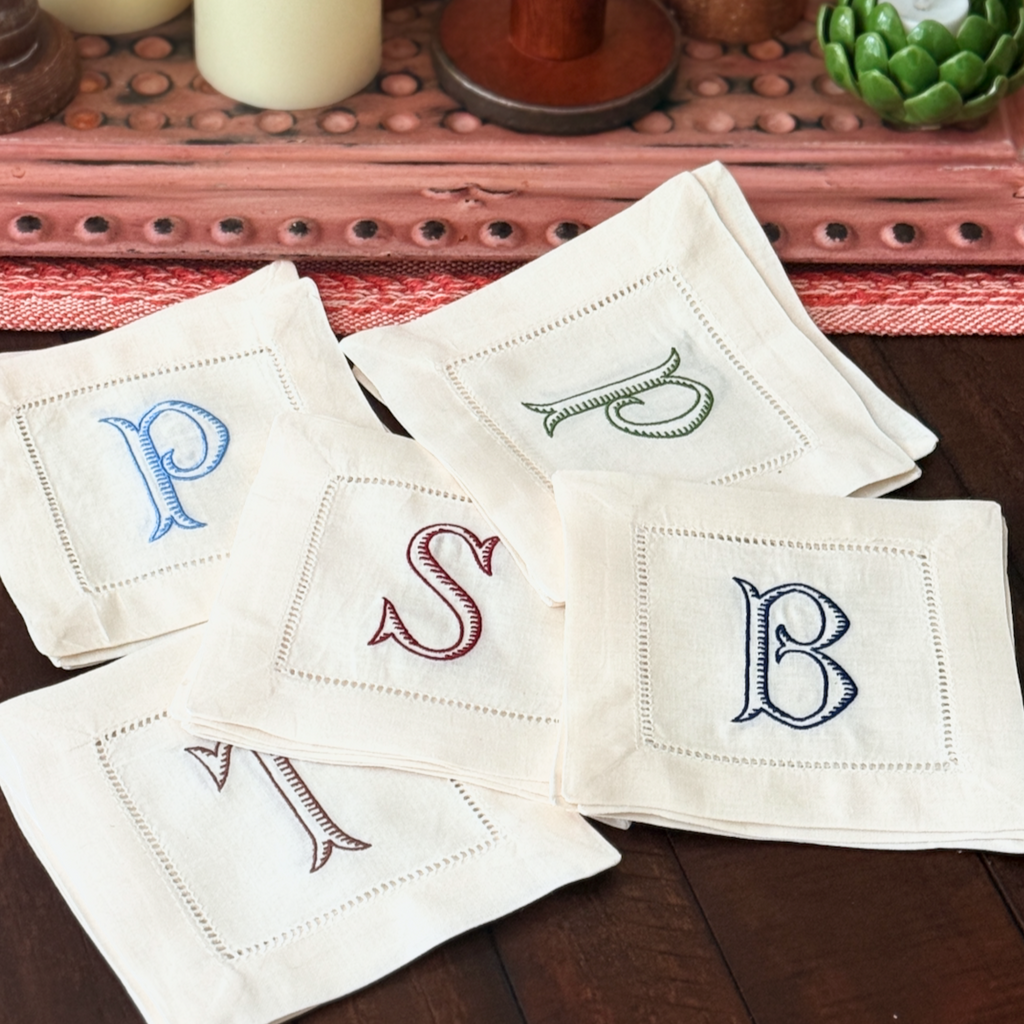 Baroque Monogrammed Cocktail Napkins, Set of 4 - White Tulip Embroidery