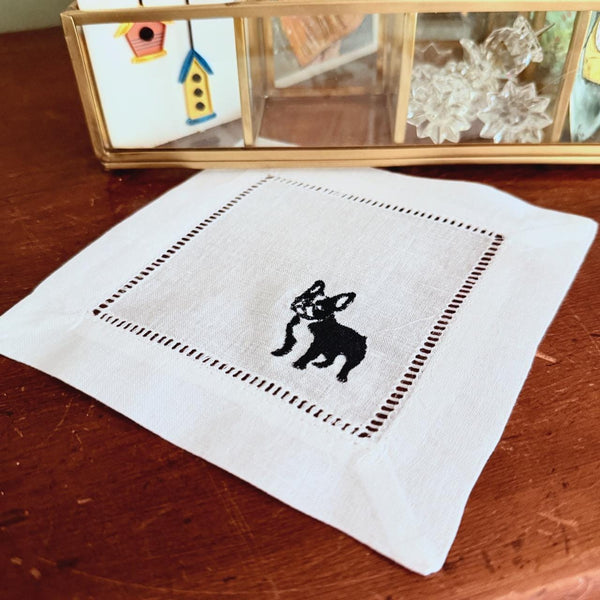 French Bulldog Cocktail Napkins, Set of 4, Frenchie Embroidered dog linen cloth cocktail napkins, french bulldog gift - White Tulip Embroidery