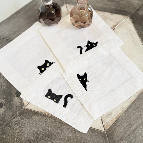 Black Cat Cocktail Napkins, Set of 4, Black Cat Embroidered Linen Cocktail Napkins - White Tulip Embroidery