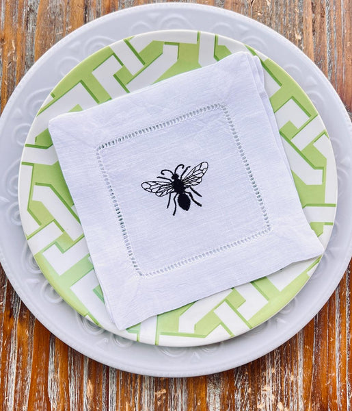 Bee Linen Cocktail Napkins, Set of 4 - White Tulip Embroidery