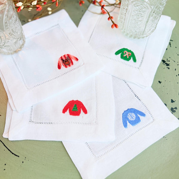 Christmas Sweater Cloth Cocktail Napkins, Set of 4 Unique Designs, Ugly Sweater Contest Prize - White Tulip Embroidery