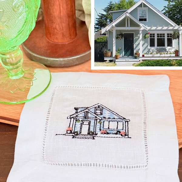 Custom House Embroidered Linen Cocktail Napkins, Set of 4, Housewarming Gift, gift from realtor, personalized napkins - White Tulip Embroidery