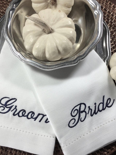 Bride and Groom Wedding Cloth Napkins-Set of 2 napkins - White Tulip Embroidery