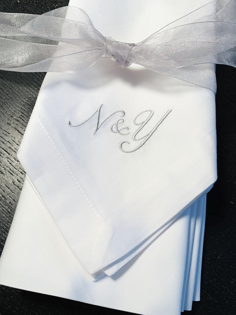 Bulk Ampersand Plus Sign Two Letter Monogrammed Cloth Napkins, Set of 25 - White Tulip Embroidery