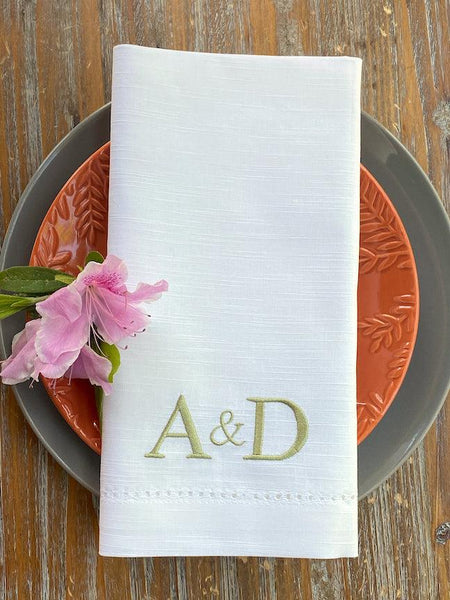 Ampersand Plus Sign Two Letter Monogrammed Cloth Napkins - White Tulip Embroidery