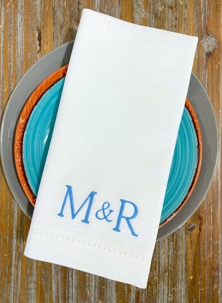 Bulk Ampersand Plus Sign Two Letter Monogrammed Cloth Napkins, Set of 25 - White Tulip Embroidery