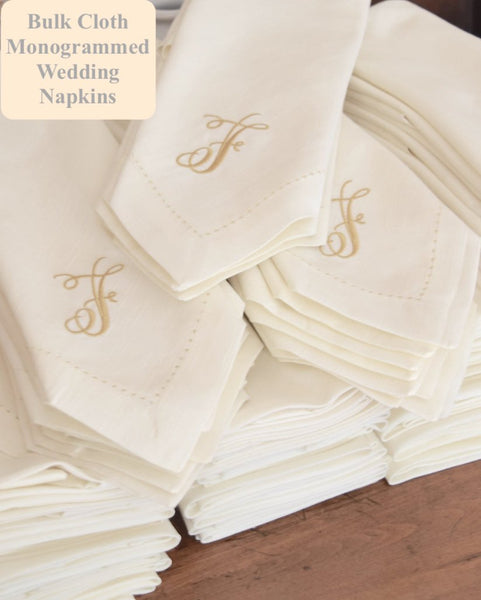 Bulk Monogrammed Wedding Napkins, Set of 50, Embroidered Cloth Dinner Napkins - White Tulip Embroidery
