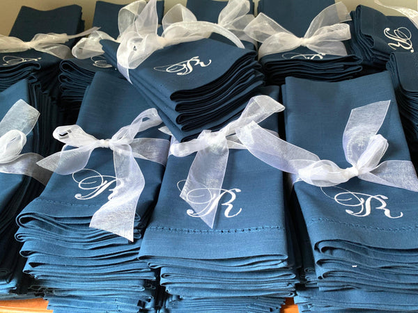 Bulk Monogrammed Wedding Napkins, Set of 50, Embroidered Cloth Dinner Napkins - White Tulip Embroidery