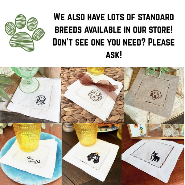 Custom YOUR Dog Embroidered Linen Cocktail Napkins, Set of 4, Dog Lover Gift, Personalized Dog gift, Your dog to embroidered napkins - White Tulip Embroidery