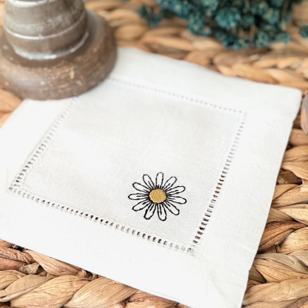 Daisy Cocktail Napkins, Set of 4 Unique Designs, Flower Cocktail Cloth Napkins, Daisies Floral Linen cocktail napkins - White Tulip Embroidery