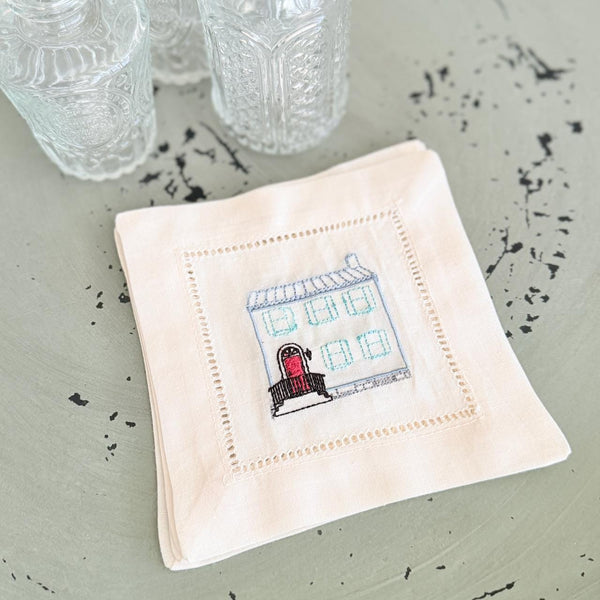 Custom House Embroidered Linen Cocktail Napkins, Set of 4, Housewarming Gift, gift from realtor, personalized napkins - White Tulip Embroidery