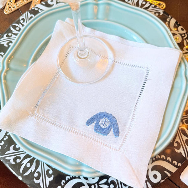 Christmas Sweater Cloth Cocktail Napkins, Set of 4 Unique Designs, Ugly Sweater Contest Prize - White Tulip Embroidery