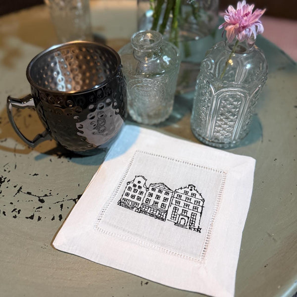 Custom House Embroidered Linen Cocktail Napkins, Set of 4, Housewarming Gift, gift from realtor, personalized napkins - White Tulip Embroidery