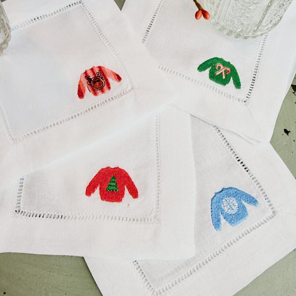 Christmas Sweater Cloth Cocktail Napkins, Set of 4 Unique Designs, Ugly Sweater Contest Prize - White Tulip Embroidery