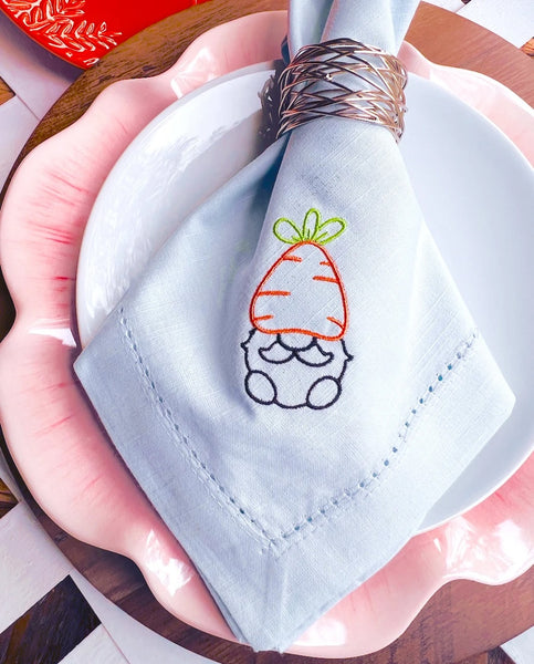 Carrot Easter Gnome Cloth Napkins - Set of 4 napkins - White Tulip Embroidery