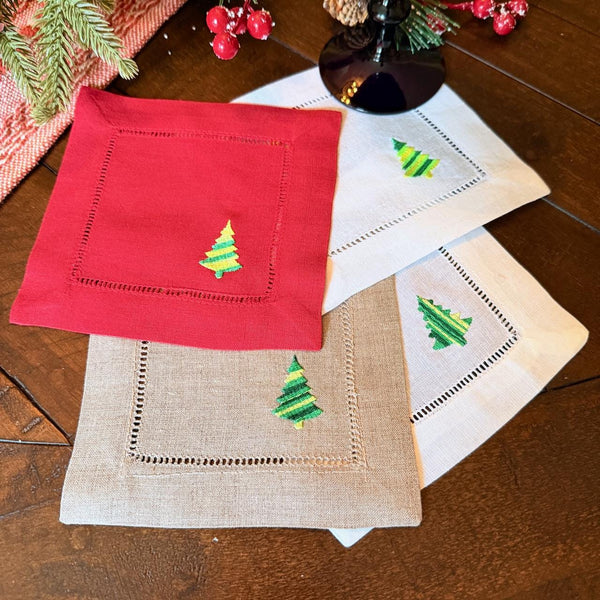 Striped Christmas Tree Cloth Cocktail Napkins, Set of 4 - White Tulip Embroidery