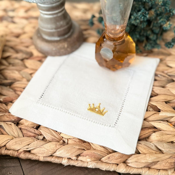 Crown Cocktail Napkins, Set of 4 Unique Embroidered Designs, Crown Cocktail Cloth Napkins, Princess Linen cocktail napkins - White Tulip Embroidery