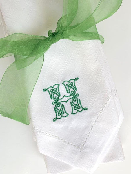 Celtic Monogrammed Cloth Napkins - Set of 4 napkins - White Tulip Embroidery