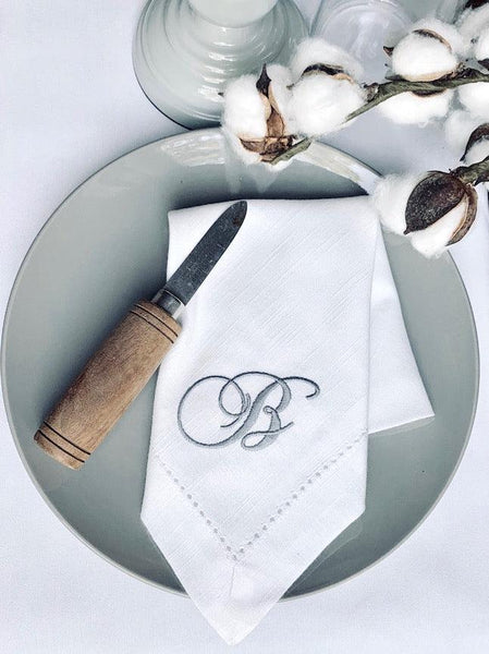 Chopin Monogrammed Embroidered Cloth Dinner Napkins - Set of 4 napkins - White Tulip Embroidery