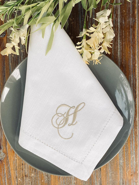 Chopin Monogrammed Embroidered Cloth Dinner Napkins - Set of 4 napkins - White Tulip Embroidery