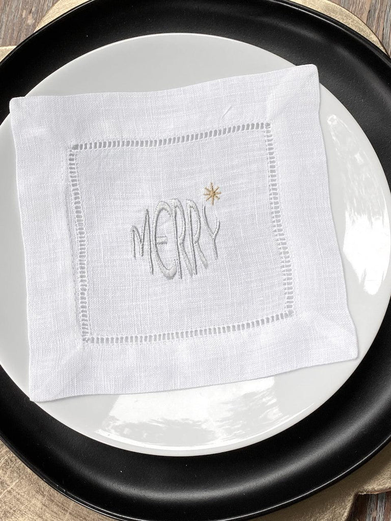 Christmas Merry Cloth Cocktail Napkins, Set of 4 - White Tulip Embroidery