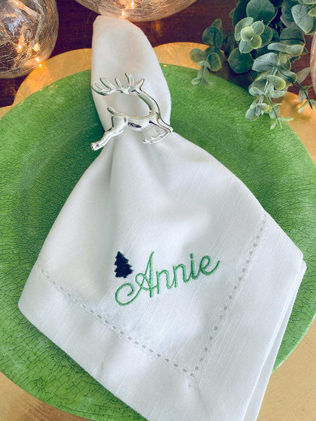 Christmas Name Napkins, Set of 4 Christmas Place Cards - White Tulip Embroidery