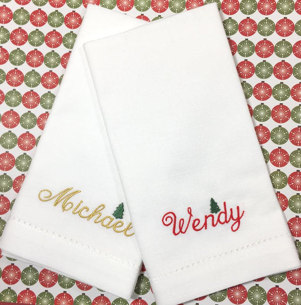 Christmas Name Napkins, Set of 4 Christmas Place Cards - White Tulip Embroidery
