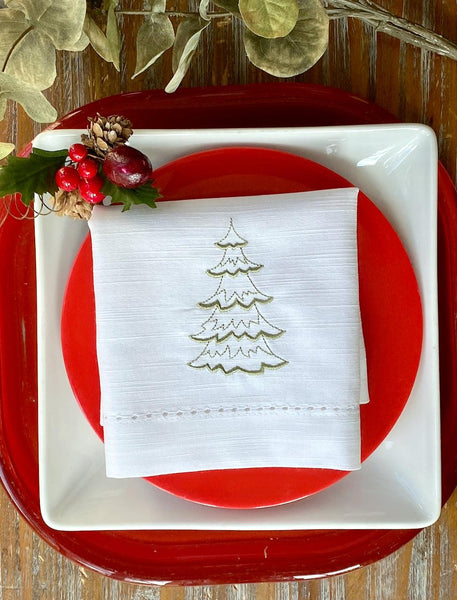Christmas Tree Embroidered Cloth Napkins - Set of 4 napkins - White Tulip Embroidery