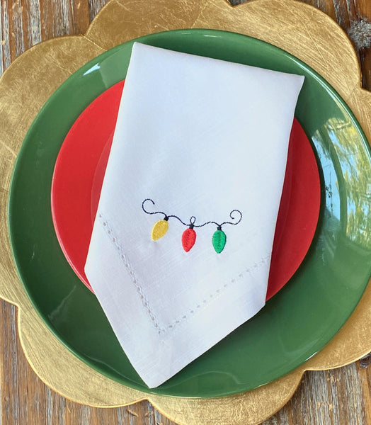 Christmas Tree Lights Cloth Napkins - White Tulip Embroidery