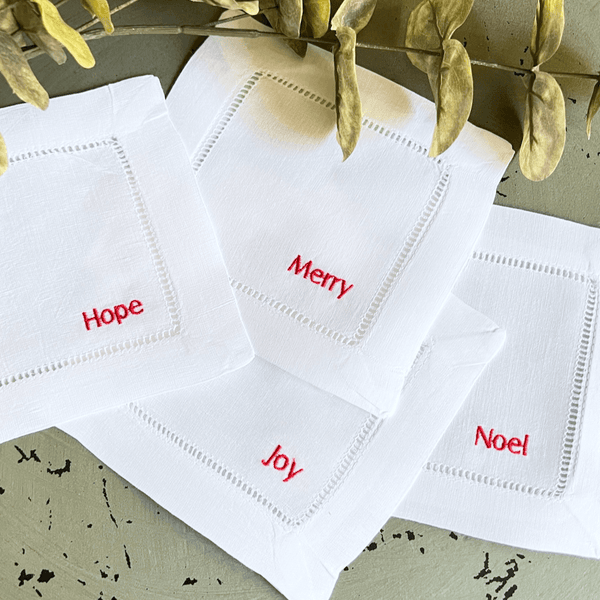 Christmas Words Cloth Cocktail Napkins, Set of 4 - White Tulip Embroidery