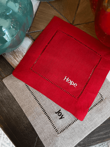 Christmas Words Cloth Cocktail Napkins, Set of 4 - White Tulip Embroidery