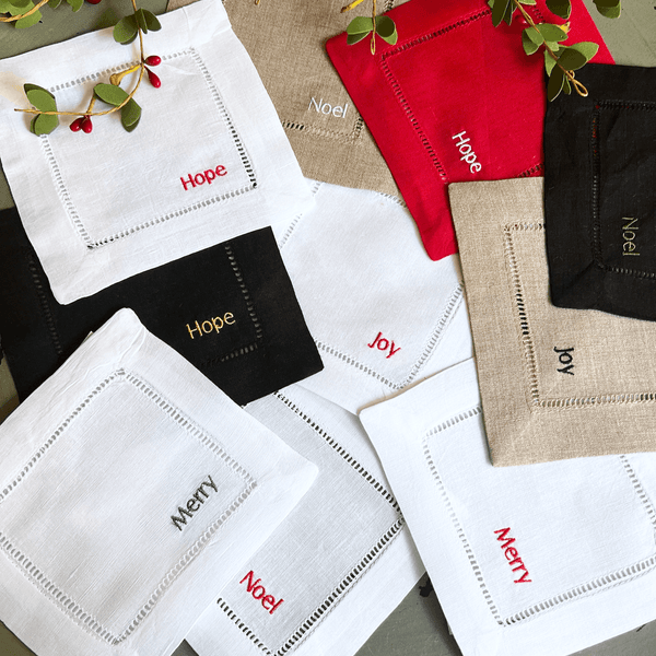 Christmas Words Cloth Cocktail Napkins, Set of 4 - White Tulip Embroidery