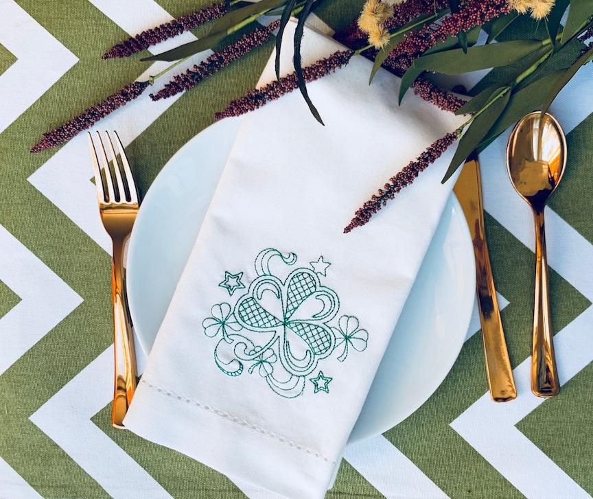 Clover St. Patrick's Day Cloth Napkins - Set of 4 napkins - White Tulip Embroidery