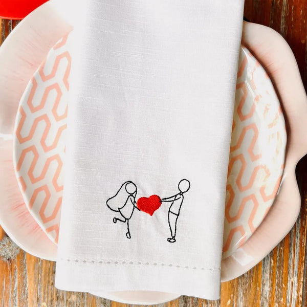 Couple Holding Heart Embroidered Cloth Napkins - Set of 4 napkins - White Tulip Embroidery