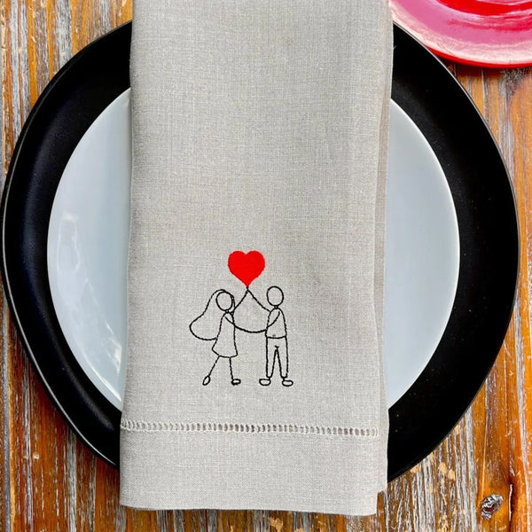 Couple Raised Heart Embroidered Cloth Napkins - Set of 4 napkins - White Tulip Embroidery
