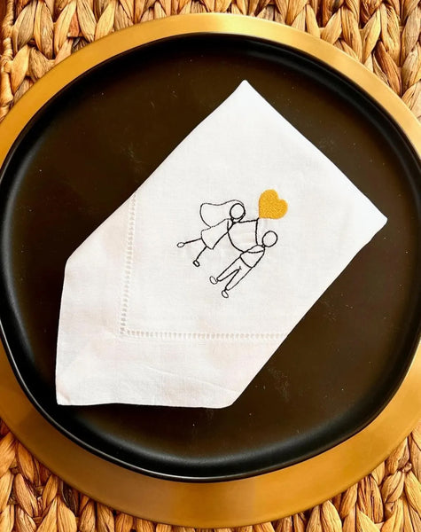 Couple Raised Heart Embroidered Cloth Napkins - Set of 4 napkins - White Tulip Embroidery