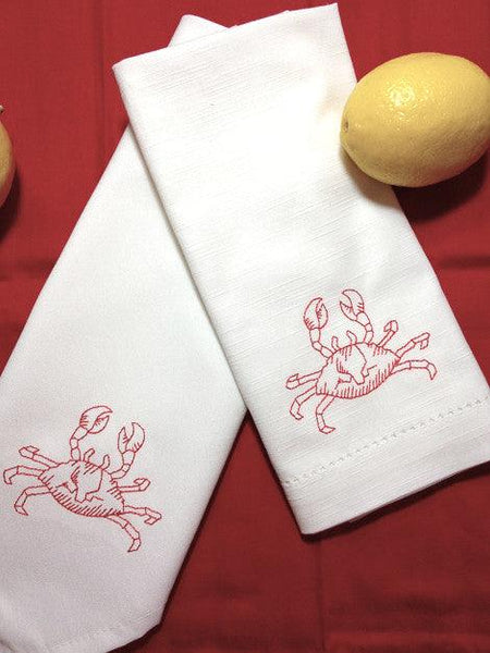 Crab Embroidered Cloth Napkins - Set of 4 napkins - White Tulip Embroidery