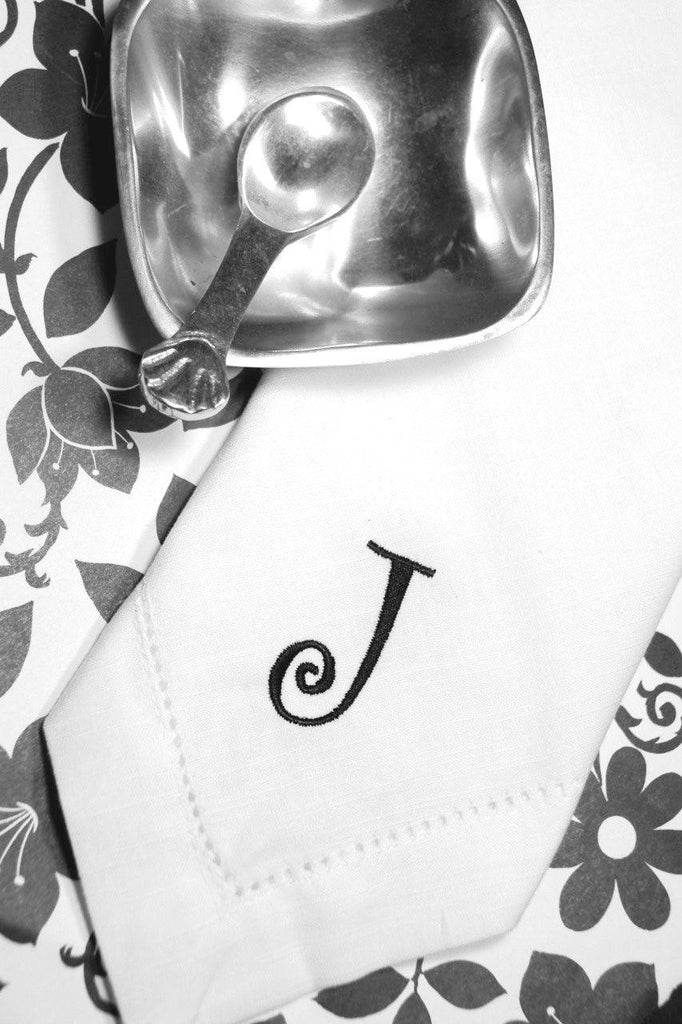 Curly Monogrammed Embroidered Cloth Napkins - Set of 4 napkins - White Tulip Embroidery