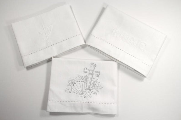 Custom Communion Cloths, Bread Plate Napkins, Corporal Fold - White Tulip Embroidery