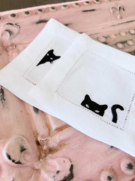 Black Cat Cocktail Napkins, Set of 4, Black Cat Embroidered Linen Cocktail Napkins - White Tulip Embroidery
