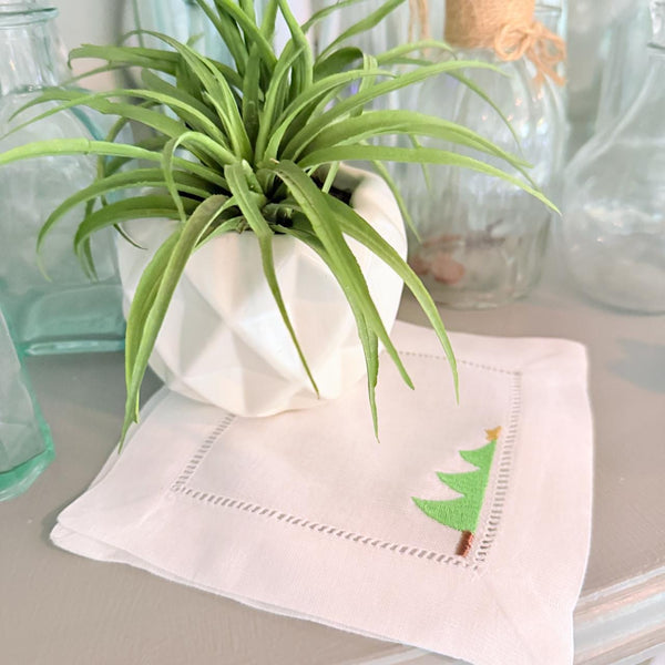 Modern Christmas Tree Cloth Cocktail Napkins, Set of 4 Unique Designs - White Tulip Embroidery